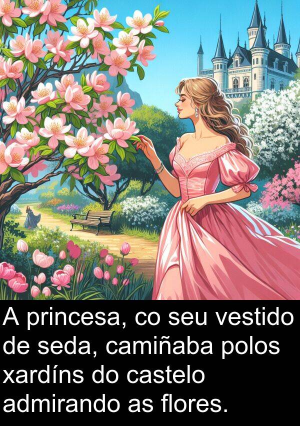 vestido: A princesa, co seu vestido de seda, camiñaba polos xardíns do castelo admirando as flores.