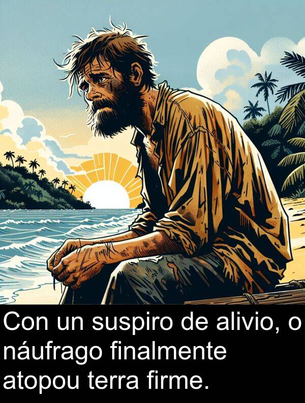 terra: Con un suspiro de alivio, o náufrago finalmente atopou terra firme.