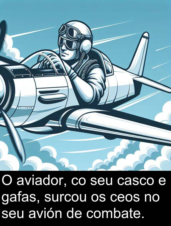 combate: O aviador, co seu casco e gafas, surcou os ceos no seu avión de combate.