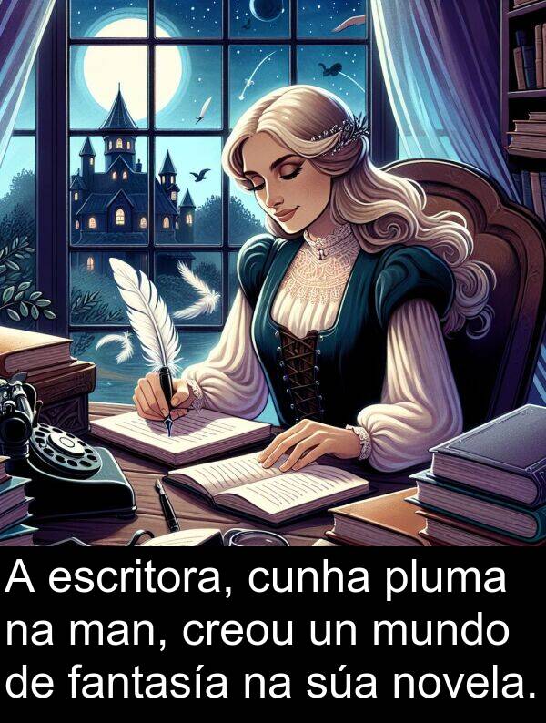 escritora: A escritora, cunha pluma na man, creou un mundo de fantasía na súa novela.