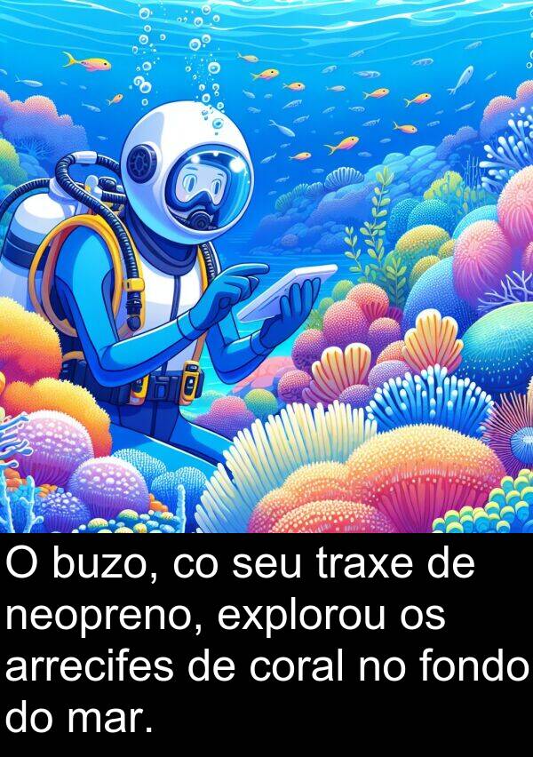 explorou: O buzo, co seu traxe de neopreno, explorou os arrecifes de coral no fondo do mar.