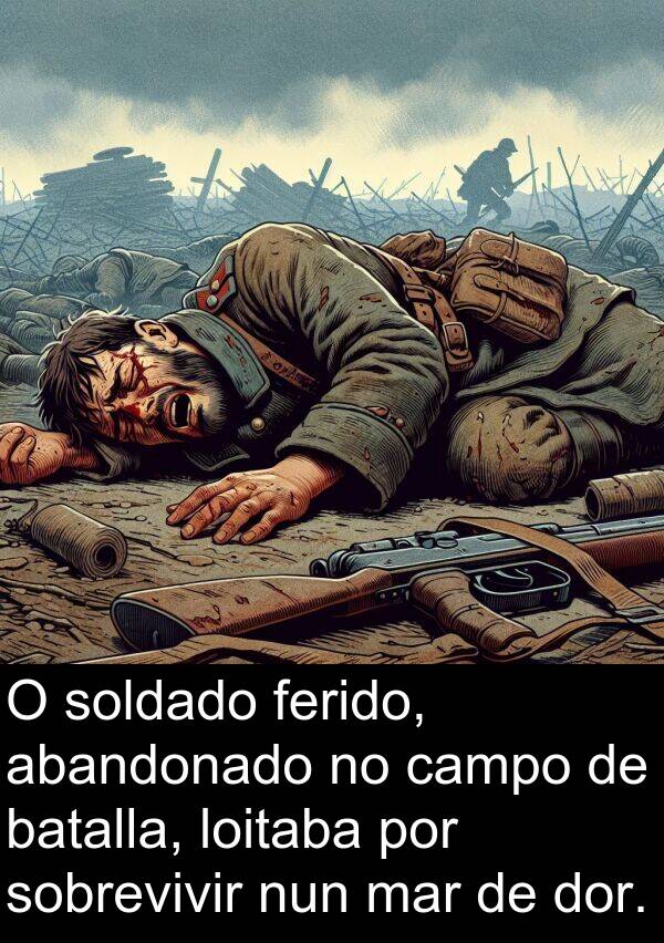 soldado: O soldado ferido, abandonado no campo de batalla, loitaba por sobrevivir nun mar de dor.