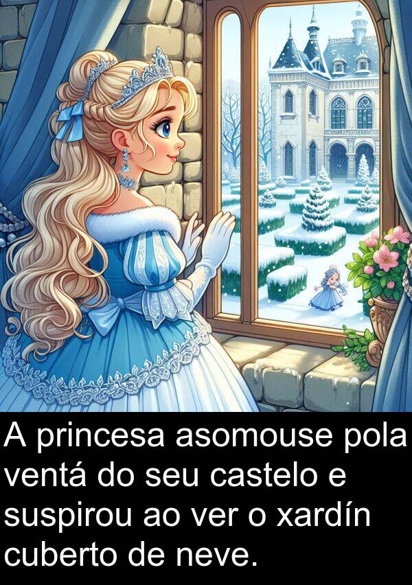 cuberto: A princesa asomouse pola ventá do seu castelo e suspirou ao ver o xardín cuberto de neve.