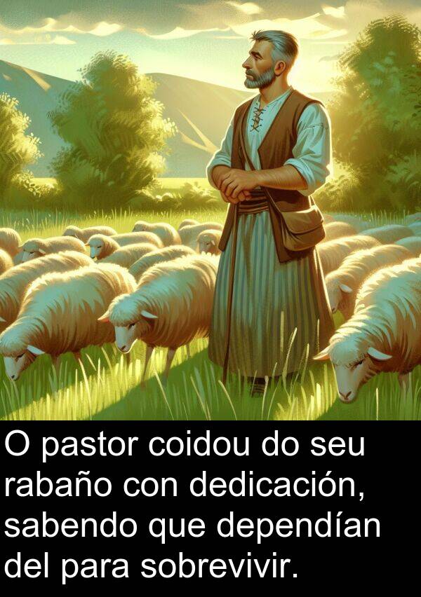 rabaño: O pastor coidou do seu rabaño con dedicación, sabendo que dependían del para sobrevivir.