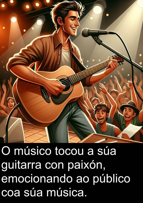 guitarra: O músico tocou a súa guitarra con paixón, emocionando ao público coa súa música.