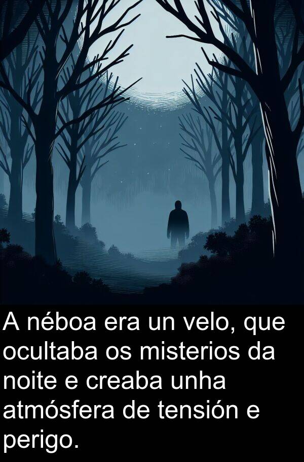 perigo: A néboa era un velo, que ocultaba os misterios da noite e creaba unha atmósfera de tensión e perigo.