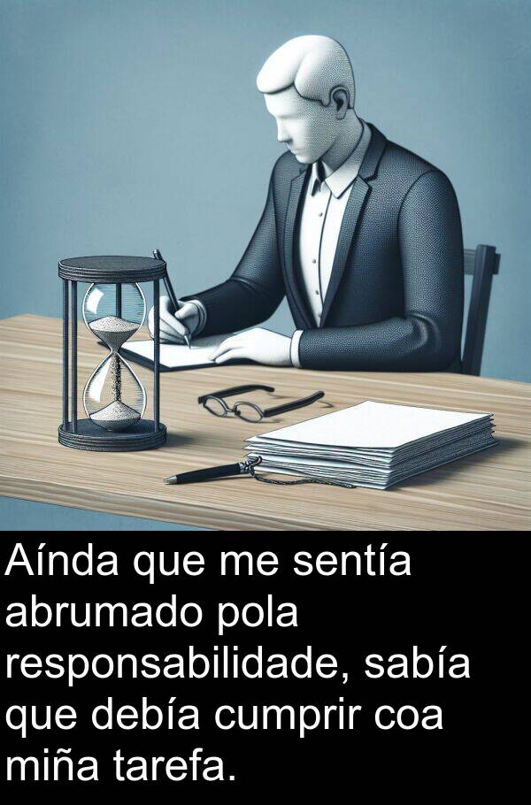 responsabilidade: Aínda que me sentía abrumado pola responsabilidade, sabía que debía cumprir coa miña tarefa.