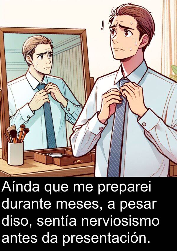 pesar: Aínda que me preparei durante meses, a pesar diso, sentía nerviosismo antes da presentación.