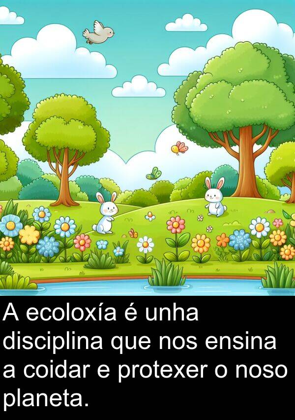 ensina: A ecoloxía é unha disciplina que nos ensina a coidar e protexer o noso planeta.
