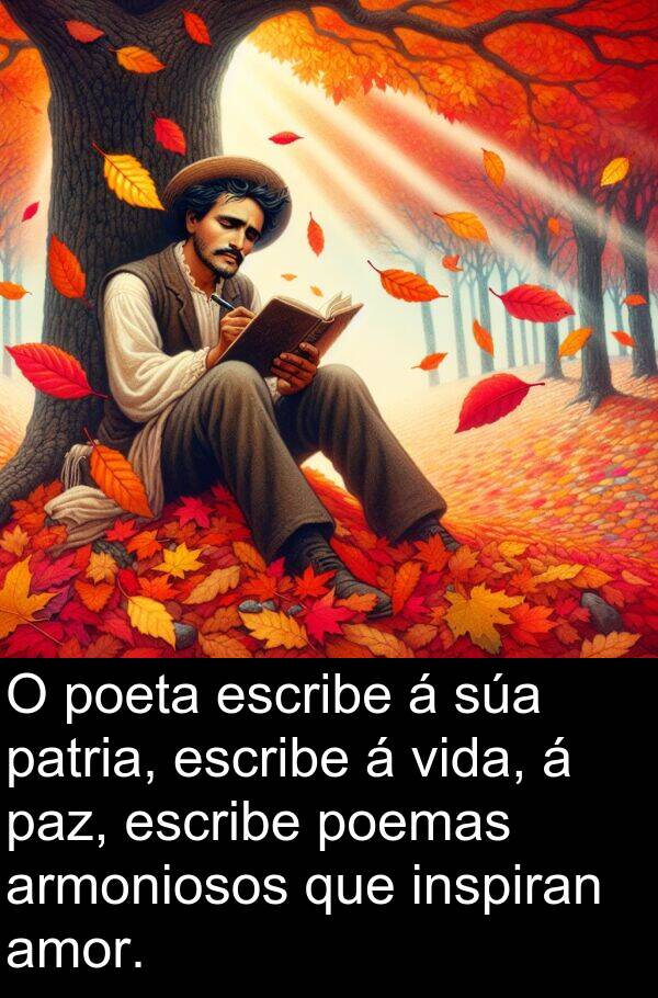 poeta: O poeta escribe á súa patria, escribe á vida, á paz, escribe poemas armoniosos que inspiran amor.