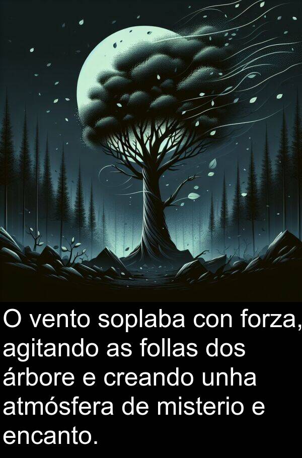 forza: O vento soplaba con forza, agitando as follas dos árbore e creando unha atmósfera de misterio e encanto.