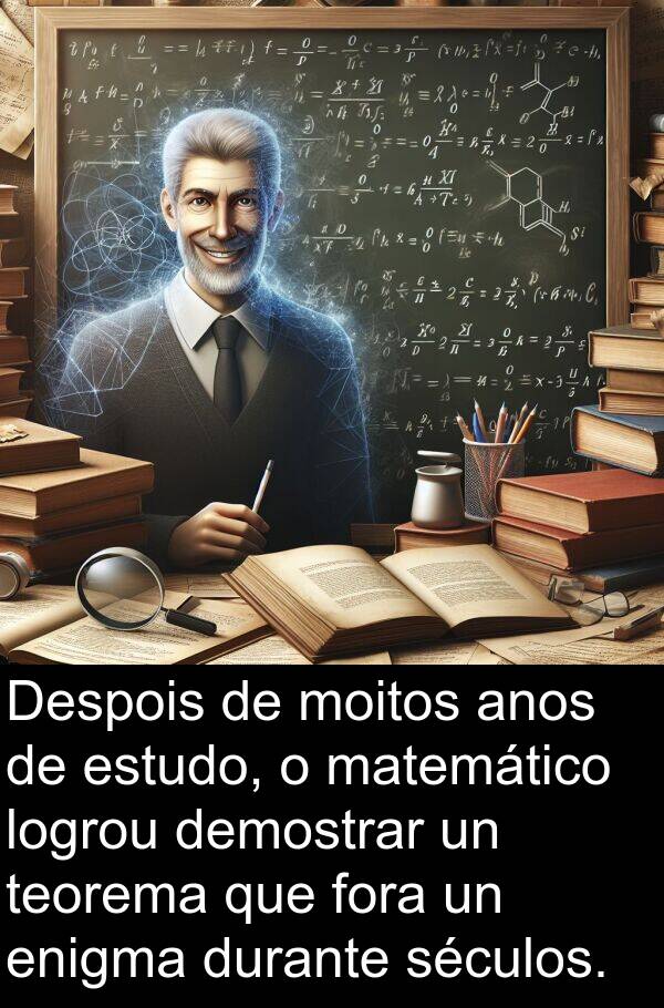 matemático: Despois de moitos anos de estudo, o matemático logrou demostrar un teorema que fora un enigma durante séculos.