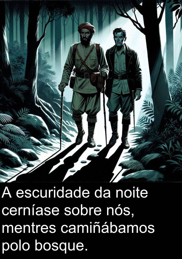 escuridade: A escuridade da noite cerníase sobre nós, mentres camiñábamos polo bosque.
