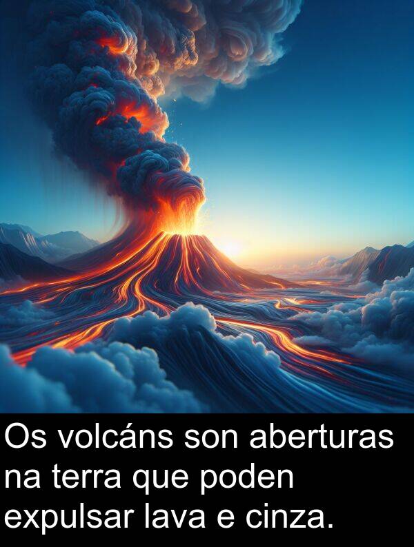 terra: Os volcáns son aberturas na terra que poden expulsar lava e cinza.