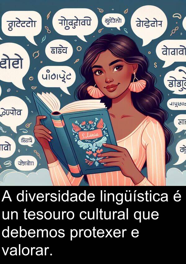 valorar: A diversidade lingüística é un tesouro cultural que debemos protexer e valorar.