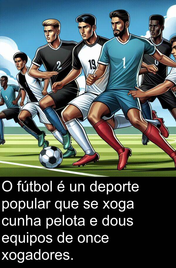 fútbol: O fútbol é un deporte popular que se xoga cunha pelota e dous equipos de once xogadores.