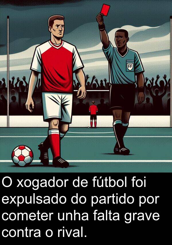 rival: O xogador de fútbol foi expulsado do partido por cometer unha falta grave contra o rival.