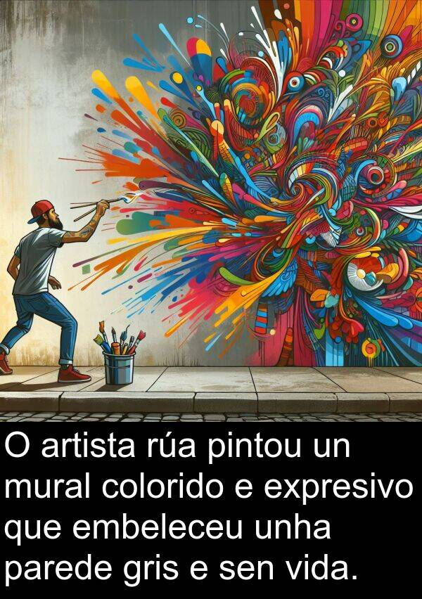 colorido: O artista rúa pintou un mural colorido e expresivo que embeleceu unha parede gris e sen vida.
