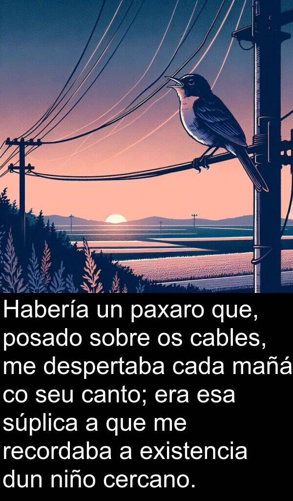 esa: Habería un paxaro que, posado sobre os cables, me despertaba cada mañá co seu canto; era esa súplica a que me recordaba a existencia dun niño cercano.