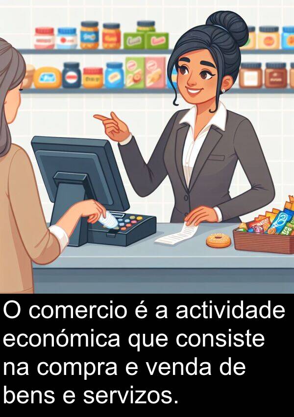 económica: O comercio é a actividade económica que consiste na compra e venda de bens e servizos.