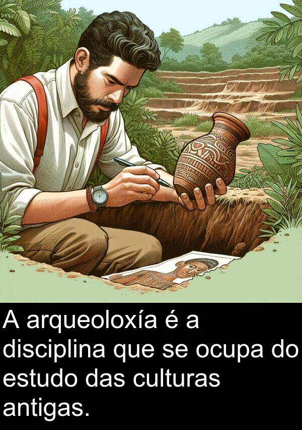 arqueoloxía: A arqueoloxía é a disciplina que se ocupa do estudo das culturas antigas.