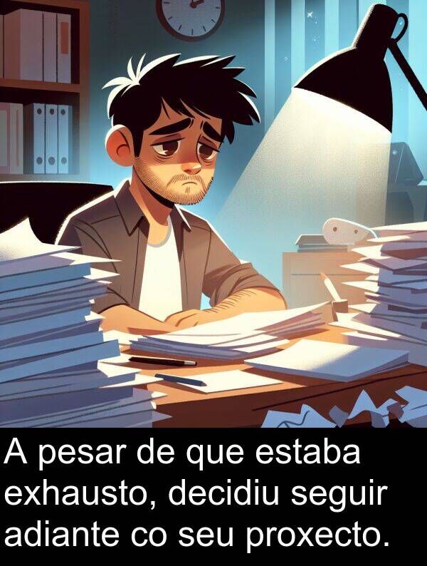 pesar: A pesar de que estaba exhausto, decidiu seguir adiante co seu proxecto.