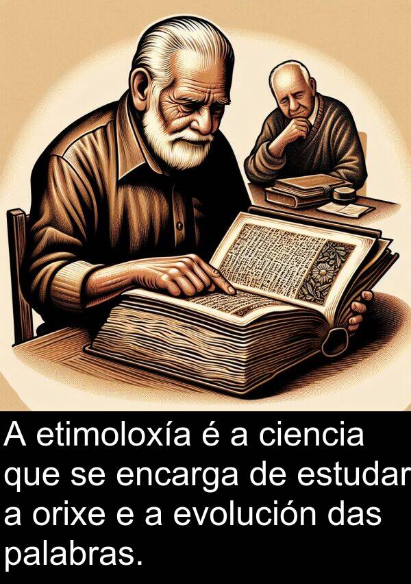 encarga: A etimoloxía é a ciencia que se encarga de estudar a orixe e a evolución das palabras.