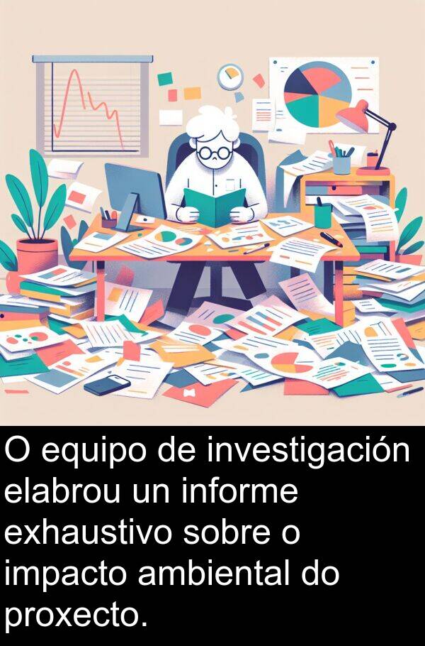 ambiental: O equipo de investigación elabrou un informe exhaustivo sobre o impacto ambiental do proxecto.