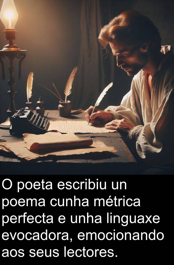 escribiu: O poeta escribiu un poema cunha métrica perfecta e unha linguaxe evocadora, emocionando aos seus lectores.
