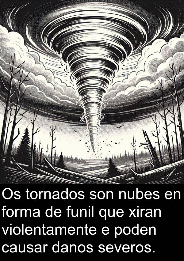 funil: Os tornados son nubes en forma de funil que xiran violentamente e poden causar danos severos.