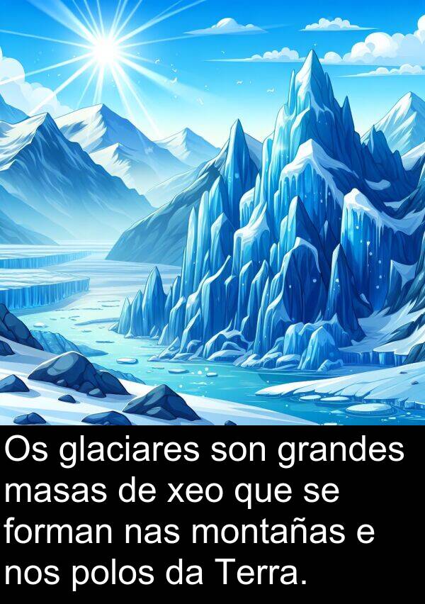 forman: Os glaciares son grandes masas de xeo que se forman nas montañas e nos polos da Terra.