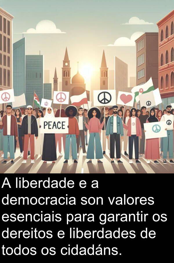 valores: A liberdade e a democracia son valores esenciais para garantir os dereitos e liberdades de todos os cidadáns.