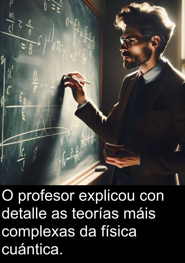 profesor: O profesor explicou con detalle as teorías máis complexas da física cuántica.