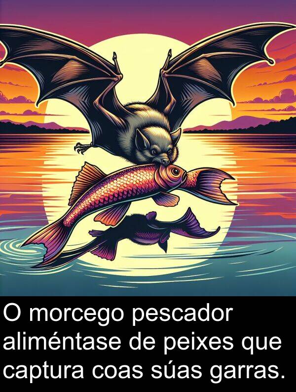 pescador: O morcego pescador aliméntase de peixes que captura coas súas garras.