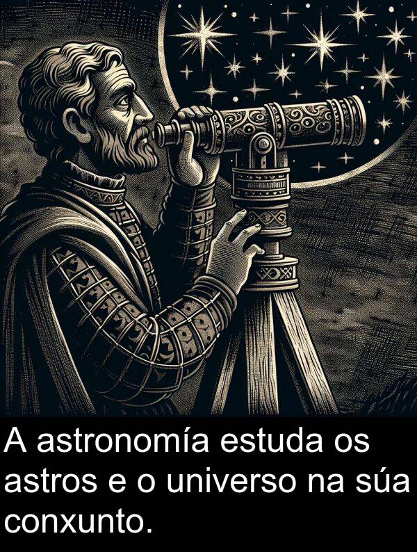 estuda: A astronomía estuda os astros e o universo na súa conxunto.