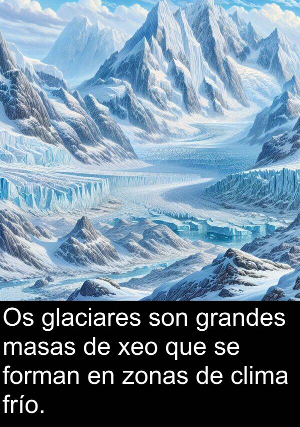 frío: Os glaciares son grandes masas de xeo que se forman en zonas de clima frío.
