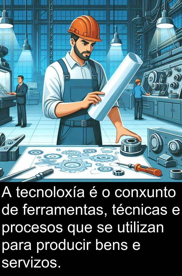 producir: A tecnoloxía é o conxunto de ferramentas, técnicas e procesos que se utilizan para producir bens e servizos.