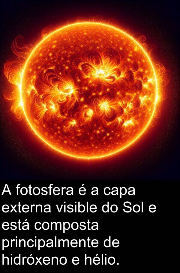 fotosfera: A fotosfera é a capa externa visible do Sol e está composta principalmente de hidróxeno e hélio.