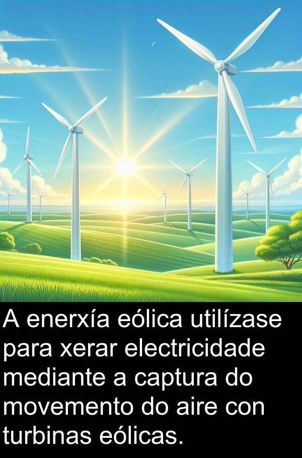 mediante: A enerxía eólica utilízase para xerar electricidade mediante a captura do movemento do aire con turbinas eólicas.