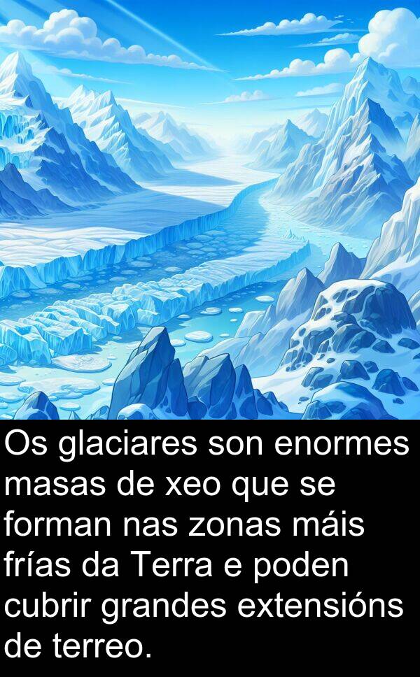 cubrir: Os glaciares son enormes masas de xeo que se forman nas zonas máis frías da Terra e poden cubrir grandes extensións de terreo.