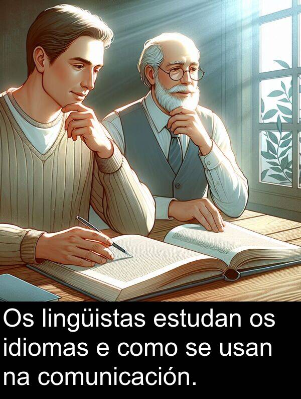 estudan: Os lingüistas estudan os idiomas e como se usan na comunicación.