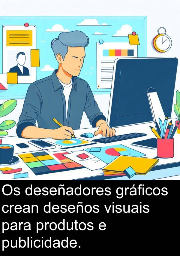 gráficos: Os deseñadores gráficos crean deseños visuais para produtos e publicidade.