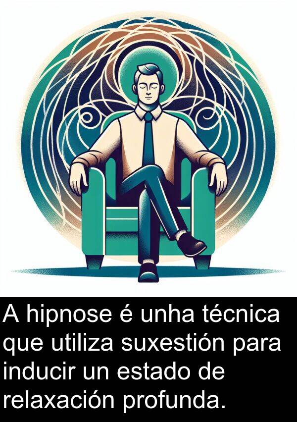 relaxación: A hipnose é unha técnica que utiliza suxestión para inducir un estado de relaxación profunda.