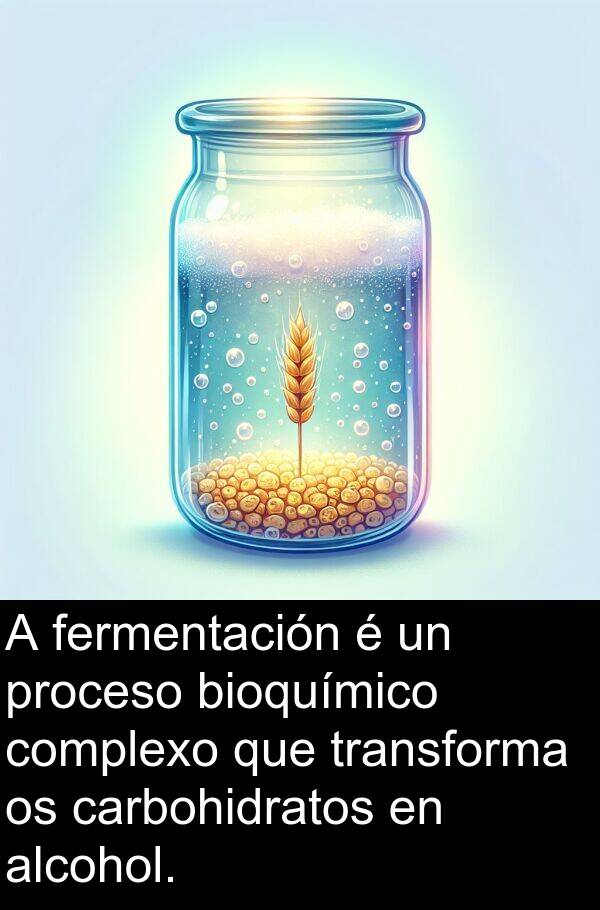transforma: A fermentación é un proceso bioquímico complexo que transforma os carbohidratos en alcohol.