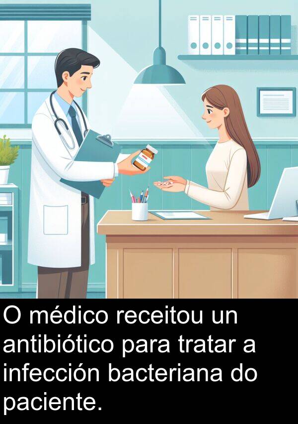 médico: O médico receitou un antibiótico para tratar a infección bacteriana do paciente.