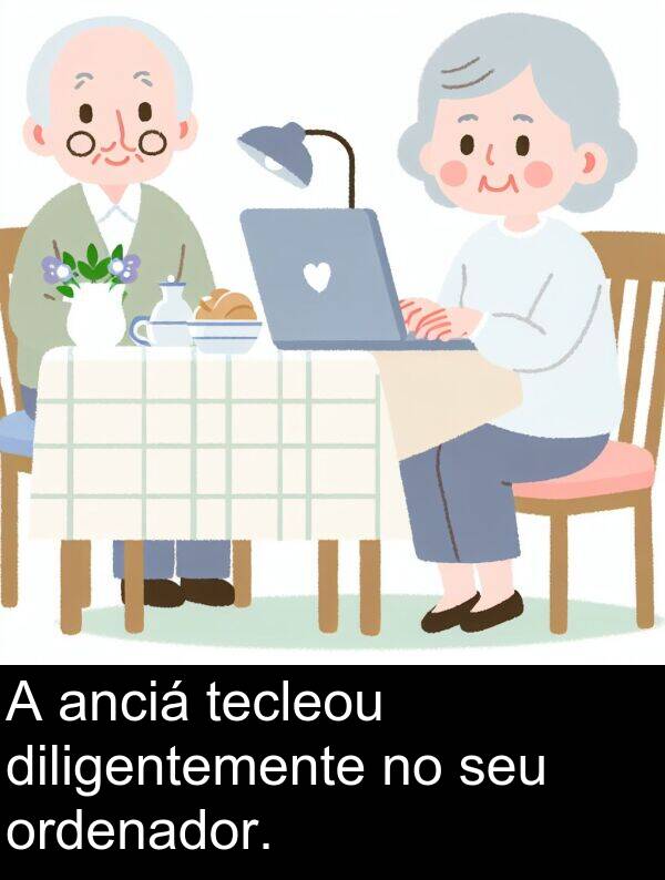 seu: A anciá tecleou diligentemente no seu ordenador.