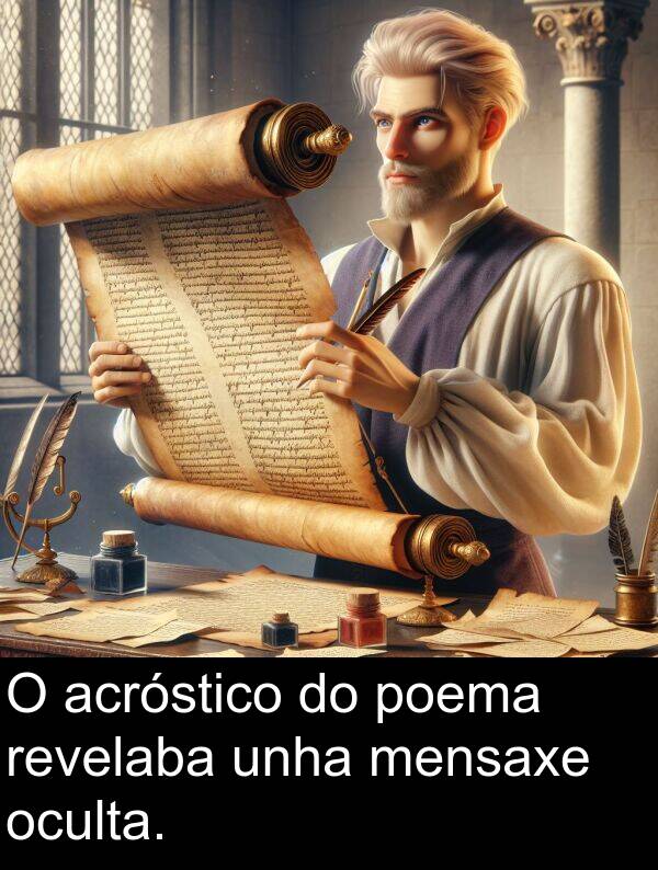 revelaba: O acróstico do poema revelaba unha mensaxe oculta.