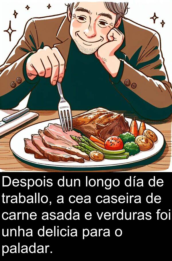 carne: Despois dun longo día de traballo, a cea caseira de carne asada e verduras foi unha delicia para o paladar.