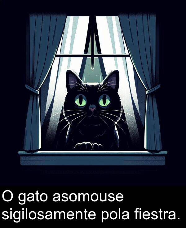 sigilosamente: O gato asomouse sigilosamente pola fiestra.
