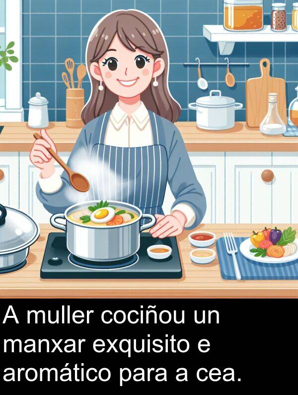 exquisito: A muller cociñou un manxar exquisito e aromático para a cea.